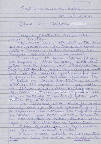 009 – Carta de Odércia Villas Boas a Cláudio Tsuyoshi Suenaga