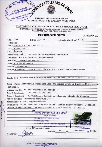 015 – Certidão de óbito de Antônio Villas Boas