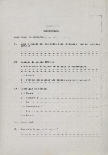 039 – Questionário do Núcleo do Comando de Defesa Aeroespacial Brasileiro (NUCOMDABRA) para observações de óvnis (itens 1 a 3)