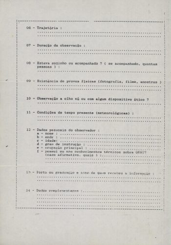 040 – Questionário do Núcleo do Comando de Defesa Aeroespacial Brasileiro (NUCOMDABRA) para observações de óvnis (itens 4 a 14)