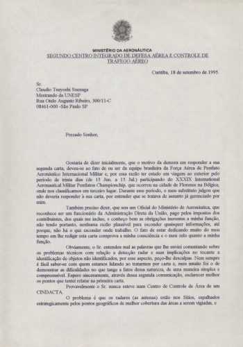 054 – Segunda carta do Cap Av Diógenes Camargo Soares a Cláudio Tsuyoshi Suenaga (p. 1)