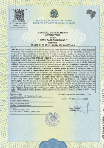012 — Certidão de nascimento de Nery Carlos Higgins